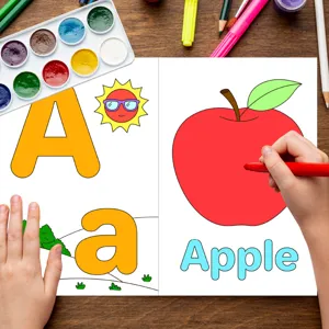 Close-up of kids English alphabet coloring book page featuring letter A and apple illustration
