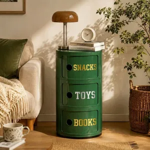 Detailed view of gold mechanical vinyl letter stickers applied to a green storage unit