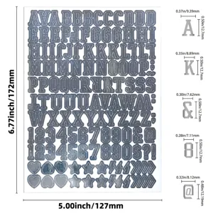 Detailed dimensions of 0.5-inch metallic alphabet and number stickers for DIY use