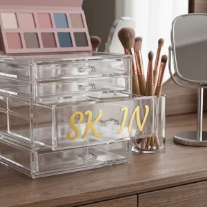 Close-up of 1-inch gold mirror alphabet stickers applied to a clear organizer.