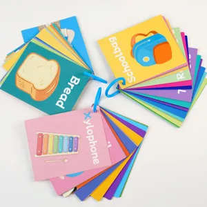 Detailed macro view of colorful ring-bound educational flashcards for English learning