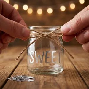 Vue détaillée des autocollants argentés épelant SWEET sur un bocal en verre décoratif