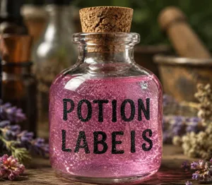 Primo piano di adesivi con lettere glitterate nere che formano 'Potion Labels' su boccetta