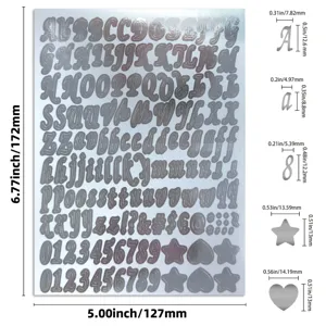 Tableau des tailles détaillé montrant les dimensions des autocollants alphabet argentés