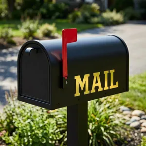 Close-up of waterproof gold vinyl letter stickers spelling MAIL on a black mailbox