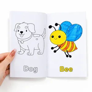 Detail view of children's English coloring book featuring dog and bee pages