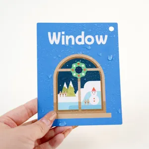 Waterproof educational flashcard for toddlers showing Window word with winter scene