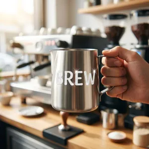 Close-up of silver glitter letter stickers spelling BREW on a stainless steel pitcher
