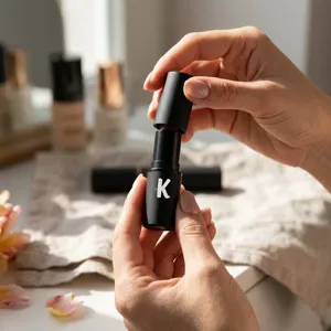 Dettaglio ravvicinato di un adesivo bianco glitterato con lettera K su un tubetto di trucco.