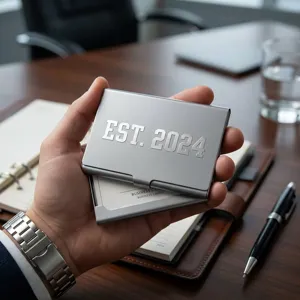 High-quality metallic silver alphabet stickers EST. 2024 on a professional card holder