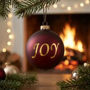 Detailansicht eines goldenen JOY-Folienaufklebers auf einer roten Weihnachtskugel