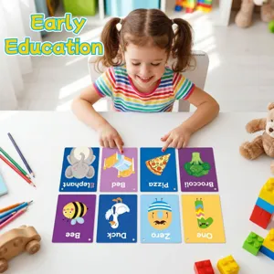 Children's early education flashcards featuring colorful illustrations and English words