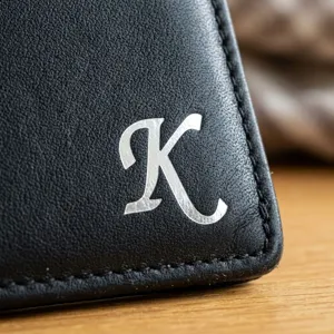 Gros plan d'un autocollant lettre K argenté brillant sur un portefeuille en cuir noir