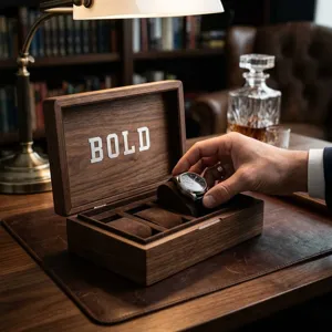Silver metallic alphabet stickers forming BOLD word inside a premium dark wooden box