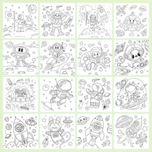 Una collezione completa di 16 disegni da colorare per bambini a tema astronauti e lo spazio