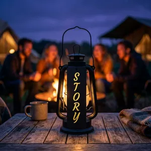 Detail view of 1 inch gold alphabet stickers forming the word STORY on a black lantern