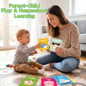 Detail of mother and child using colorful educational English flashcards at home