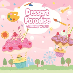 Pagina del libro da colorare Dessert Paradise con dei simpatici cupcake per bambini