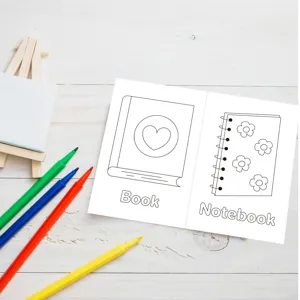 Detailed view of English vocabulary coloring book with book and notebook patterns