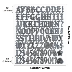 Detailansicht von 1-Zoll gotischen Buchstaben- und Zahlenaufklebern mit Maßangaben.