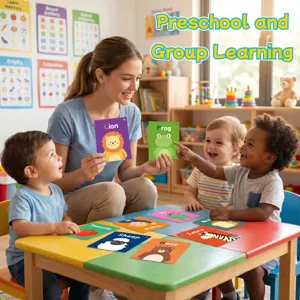 Teacher using animal flashcards with children for preschool group learning activities