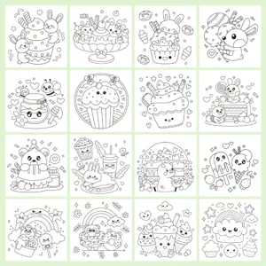 Vista macro dettagliata di pagine di libri da colorare kawaii con animali e dolci