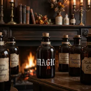 Nahaufnahme von gotischen Alphabet-Aufklebern mit MAGIC auf einer dunklen Glasflasche