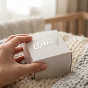 Close-up view of silver mirror finish BABY alphabet sticker on a white gift box surface