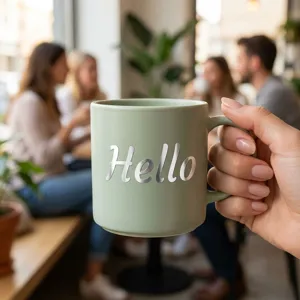 Close-up detail of a 1-inch silver mirror alphabet sticker applied to a matte green mug