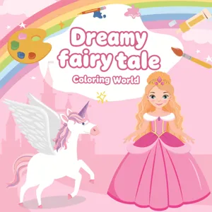 Copertina del libro da colorare fiaba con una bella principessa e un unicorno