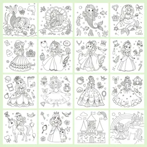 Vista dettagliata di 16 diverse pagine da colorare di principesse per bambini