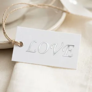 Nahaufnahme eines weißen Geschenkanhängers mit silberner LOVE-Prägung und Juteschnur