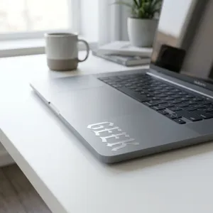 Silberner GEEK Aufkleber in Gotikschrift auf einem Laptop