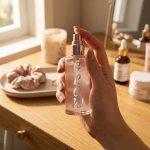 Close-up of 1-inch silver mirror alphabet stickers spelling GLOW on a spray bottle
