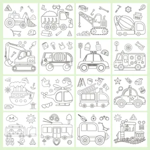 Varietà di illustrazioni di veicoli per pagine di libri da colorare per bambini