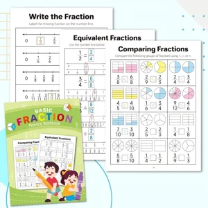 Quaderno di esercizi sulle frazioni di base per bambini con 32 pagine di attività didattiche
