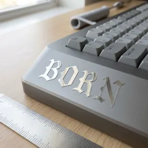 Detaillierte Nahaufnahme von silbernen gotischen Buchstabenaufklebern auf Metall