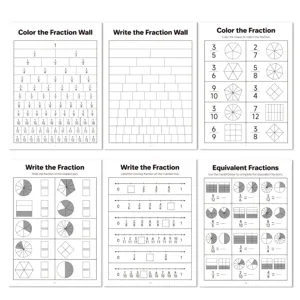 Sei diverse pagine di un quaderno di esercizi sulle frazioni per l'apprendimento della matematica