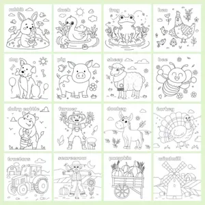 Set di 16 pagine da colorare con animali e scene di fattoria per bambini e arte creativa