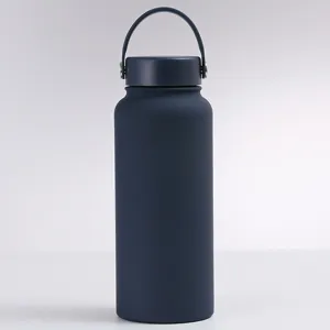 Detailed view of navy blue matte stainless steel water bottle with flexible handle