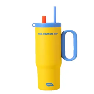 Yellow 40oz stainless steel insulated tumbler with handle, blue lid and dual straws