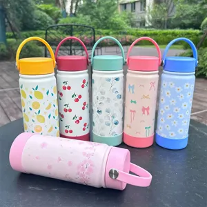 Large Capacity 304 Stainless Steel Vacuum Flask Portable Sports Water Bottle With Handle Floral Pattern Outdoor Travel Space Kettle