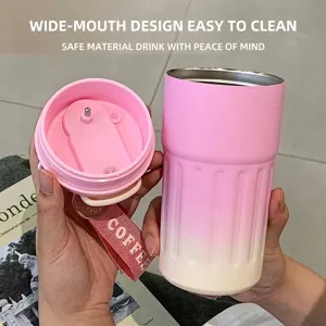 Gradient pink and white stainless steel coffee tumbler with wide mouth design and strap