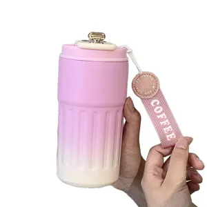 Gradient pink 316 stainless steel coffee thermos with temperature display and strap