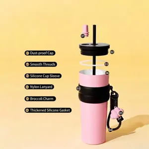 Rosa 316 Edelstahl Vakuum-Isolierbecher mit Strohhalm, Schlaufe und Anhänger