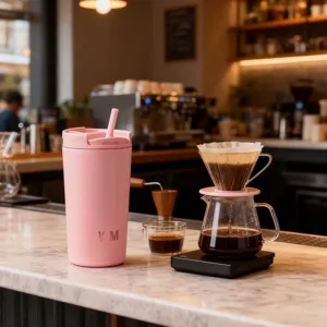 Nahaufnahme eines rosa 12oz Edelstahl Vakuum isolierten Kaffeebechers mit passendem Strohhalm.