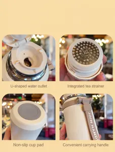 Detailed view of insulated tumbler featuring tea strainer, spout, and carry strap