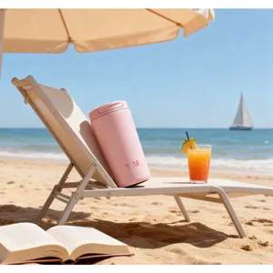 Tragbarer 12-oz-Kaffeebecher aus rosa Edelstahl auf einer Strandliege in sonniger Lifestyle-Umgebung