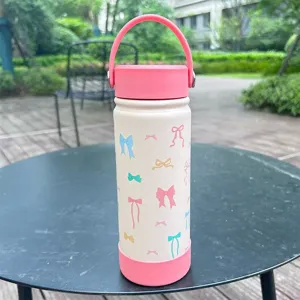 Portable pink stainless steel insulated bottle with cute bow pattern for outdoor use
