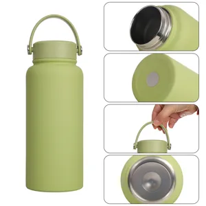 Insulated 304 stainless steel sports water bottle with portable handle in green